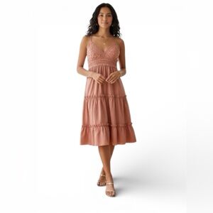 Wish Lace Tiered Midi Dress in Peach